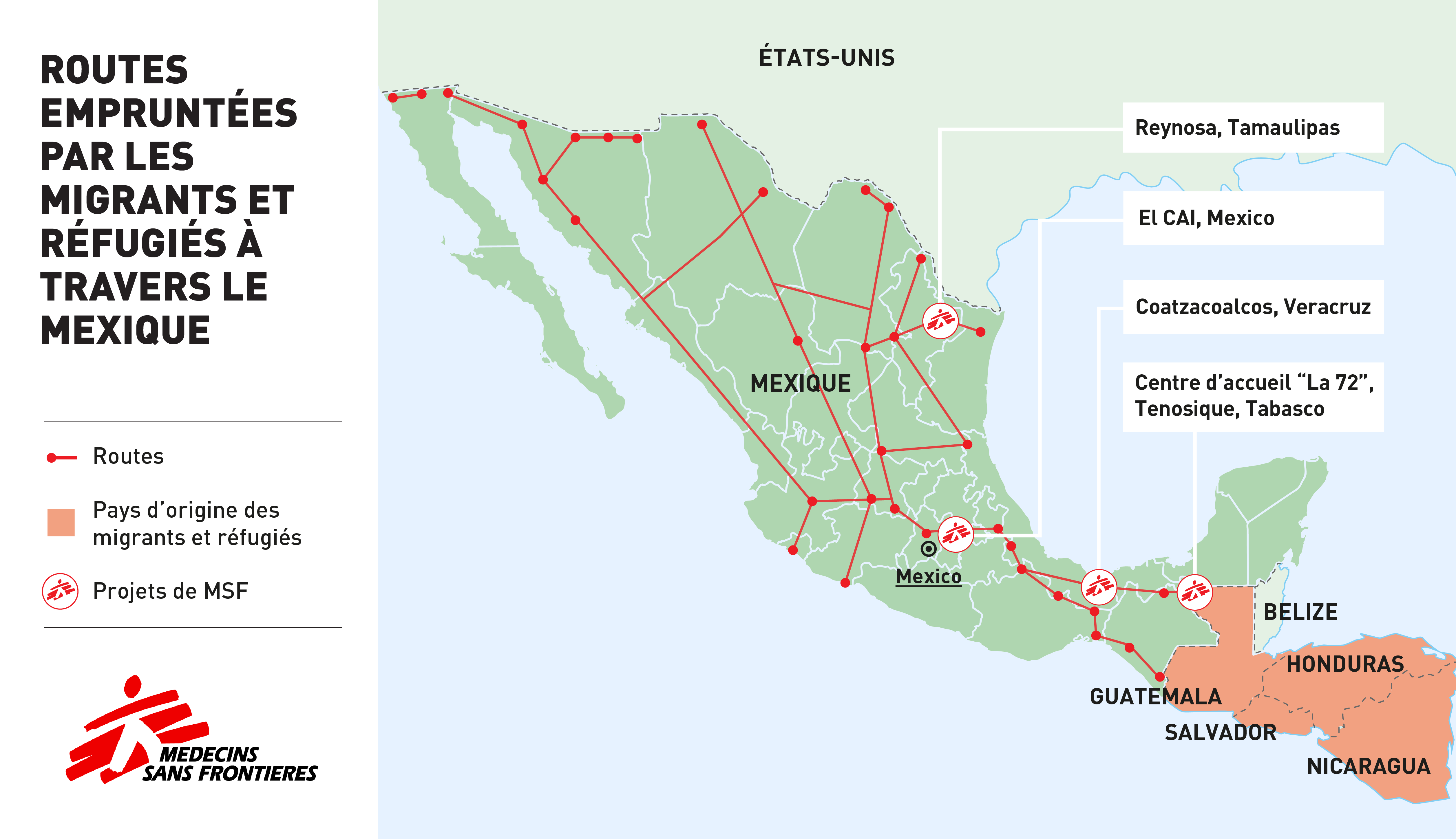 Carte des routes migratoires au Mexique