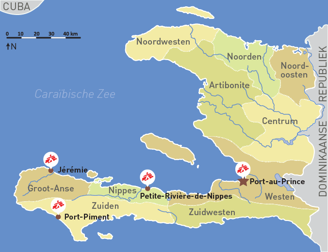 Kaart met projecten van Artsen Zonder Grenzen in Haïti