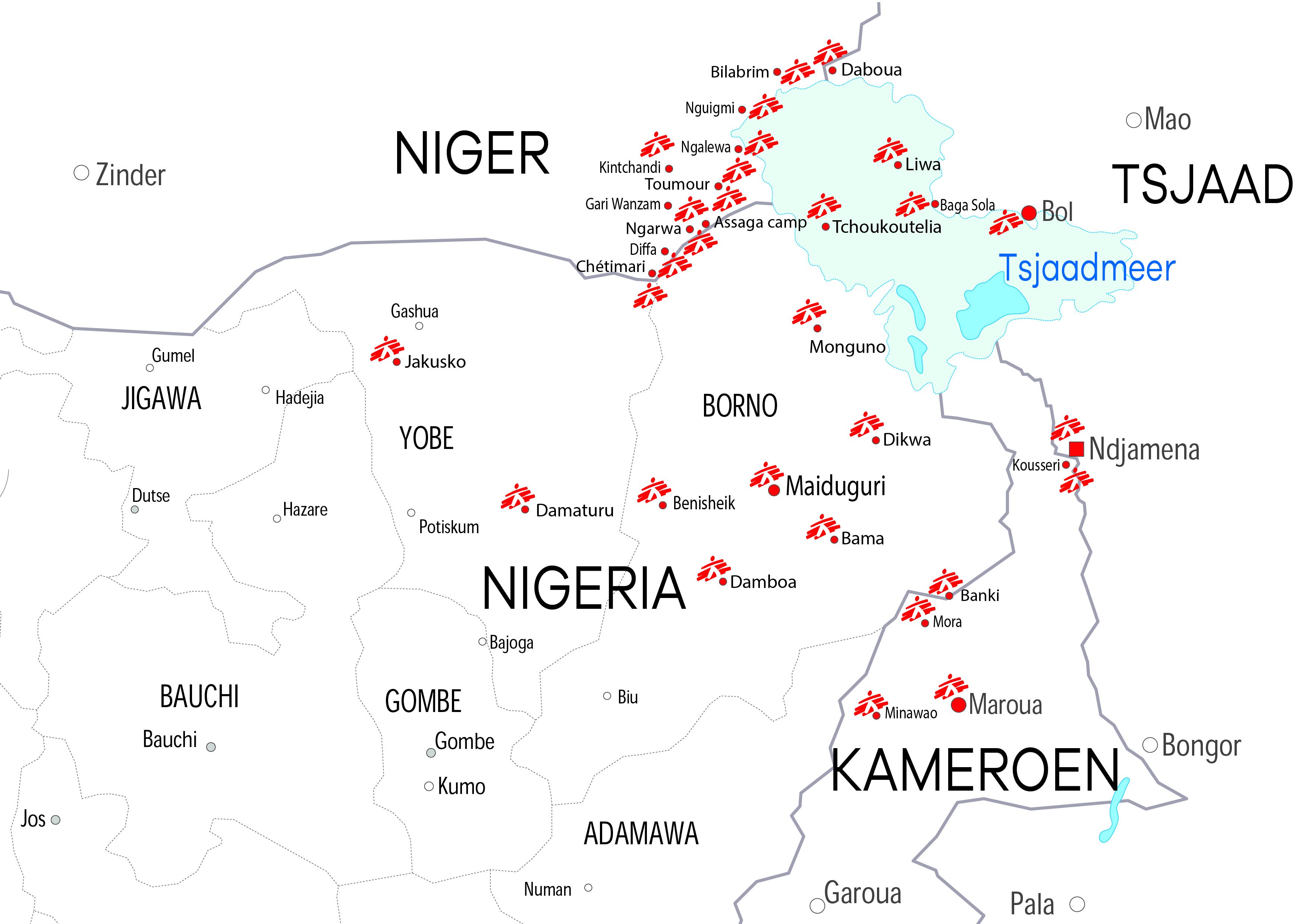 een kaart van het Tsjaadmeer en de activiteiten van AZG