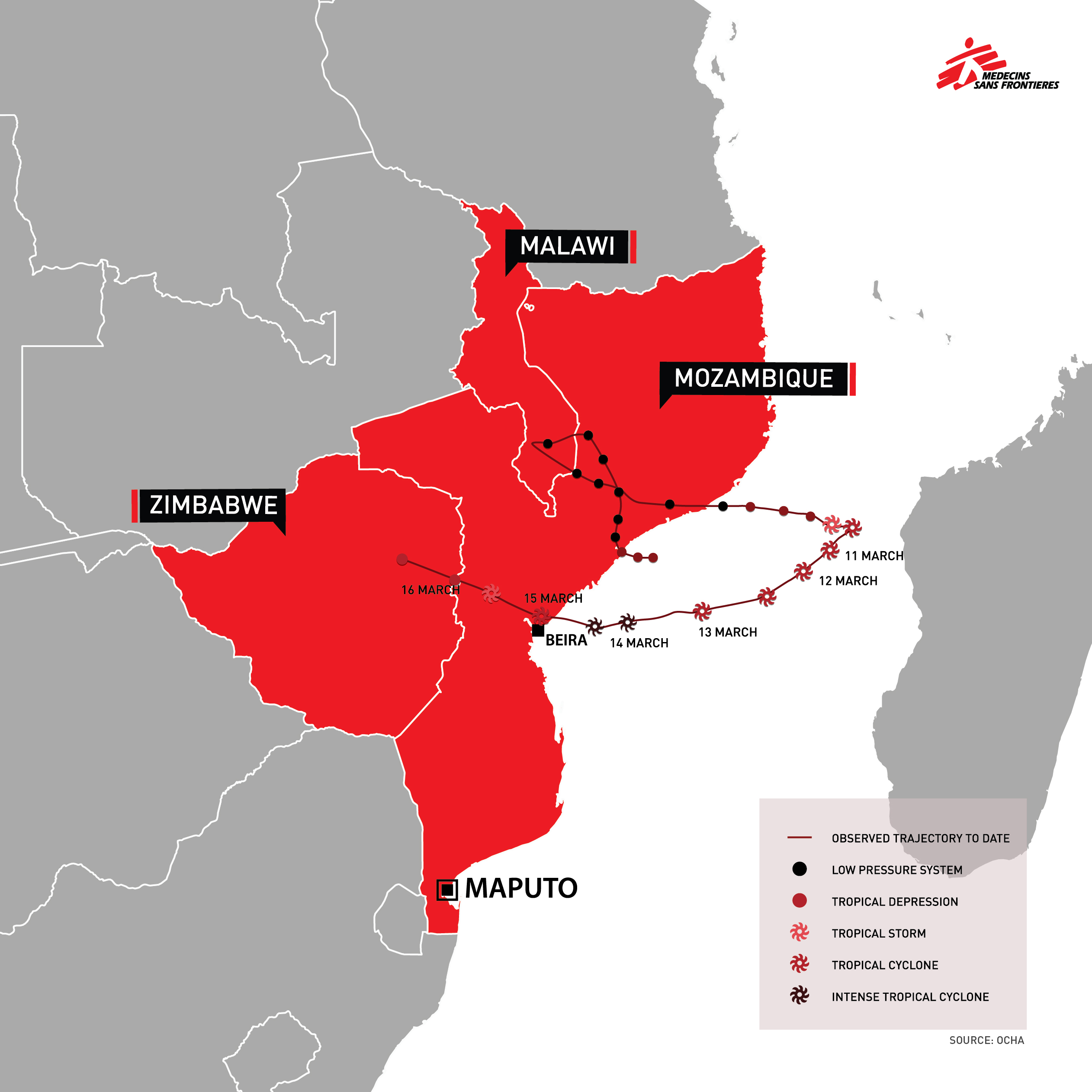 Cycloon Idai trof op 14 maart Mozambique, Malawi en Zimbabwe