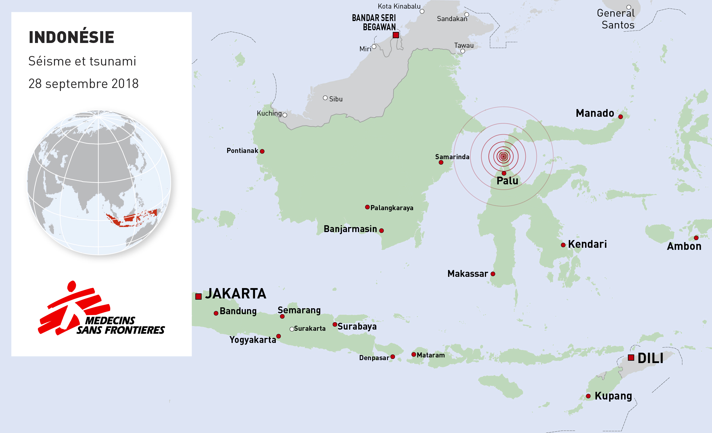 Infographie carte du tremblement de terre à Sulawesi en Indonésie le 28 septembre 2018