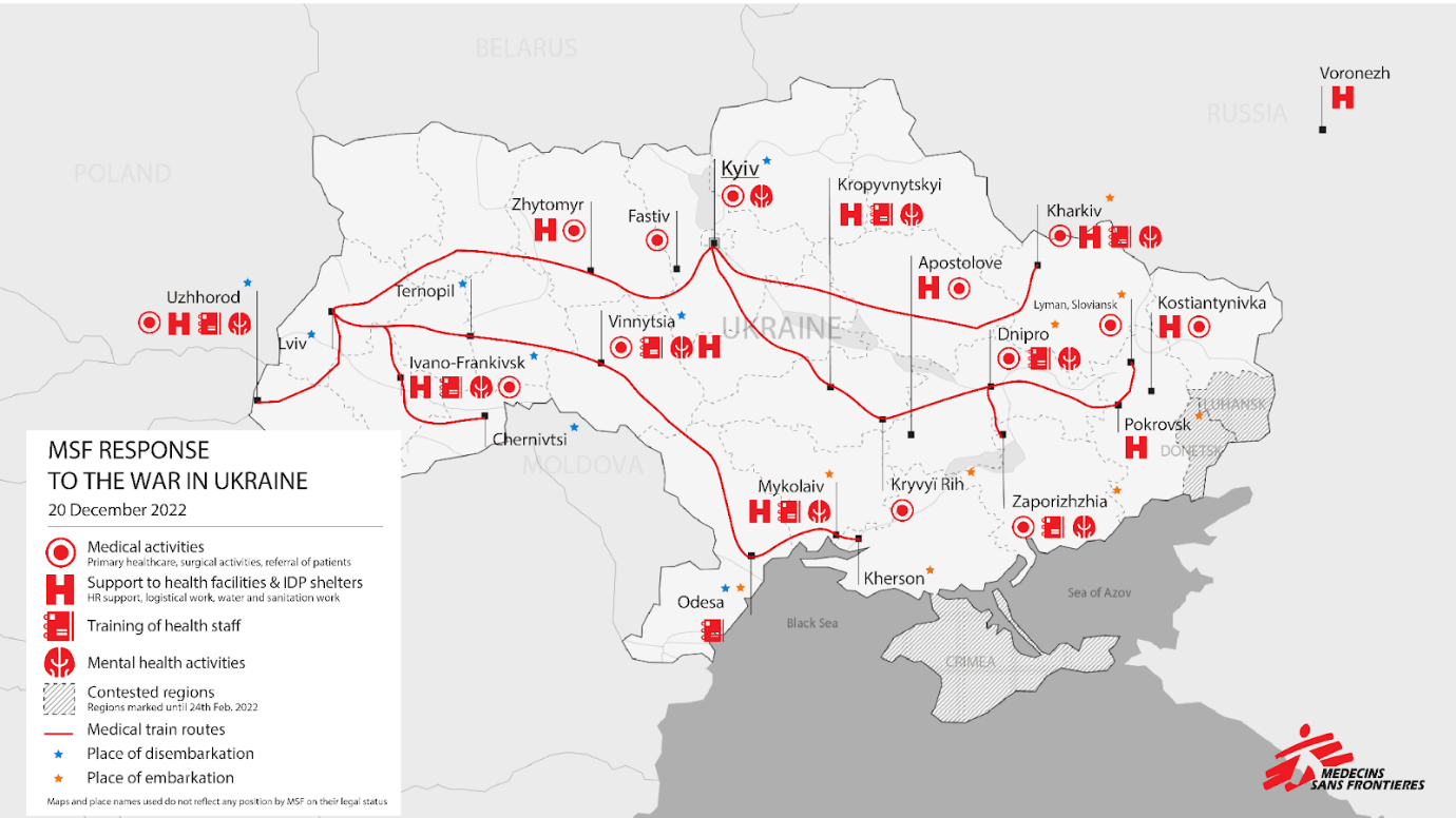 Carte de l'Ukraine représentant les zones où MSF est présent