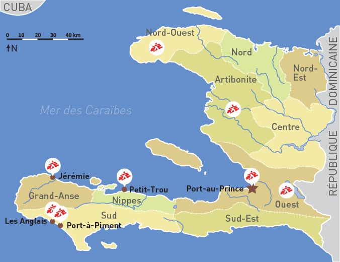 Carte des interventions de MSF en Haïti suite à l'ouragan Matthew