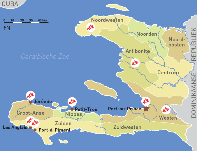 Kaart met projecten van Artsen Zonder Grenzen in Haïti