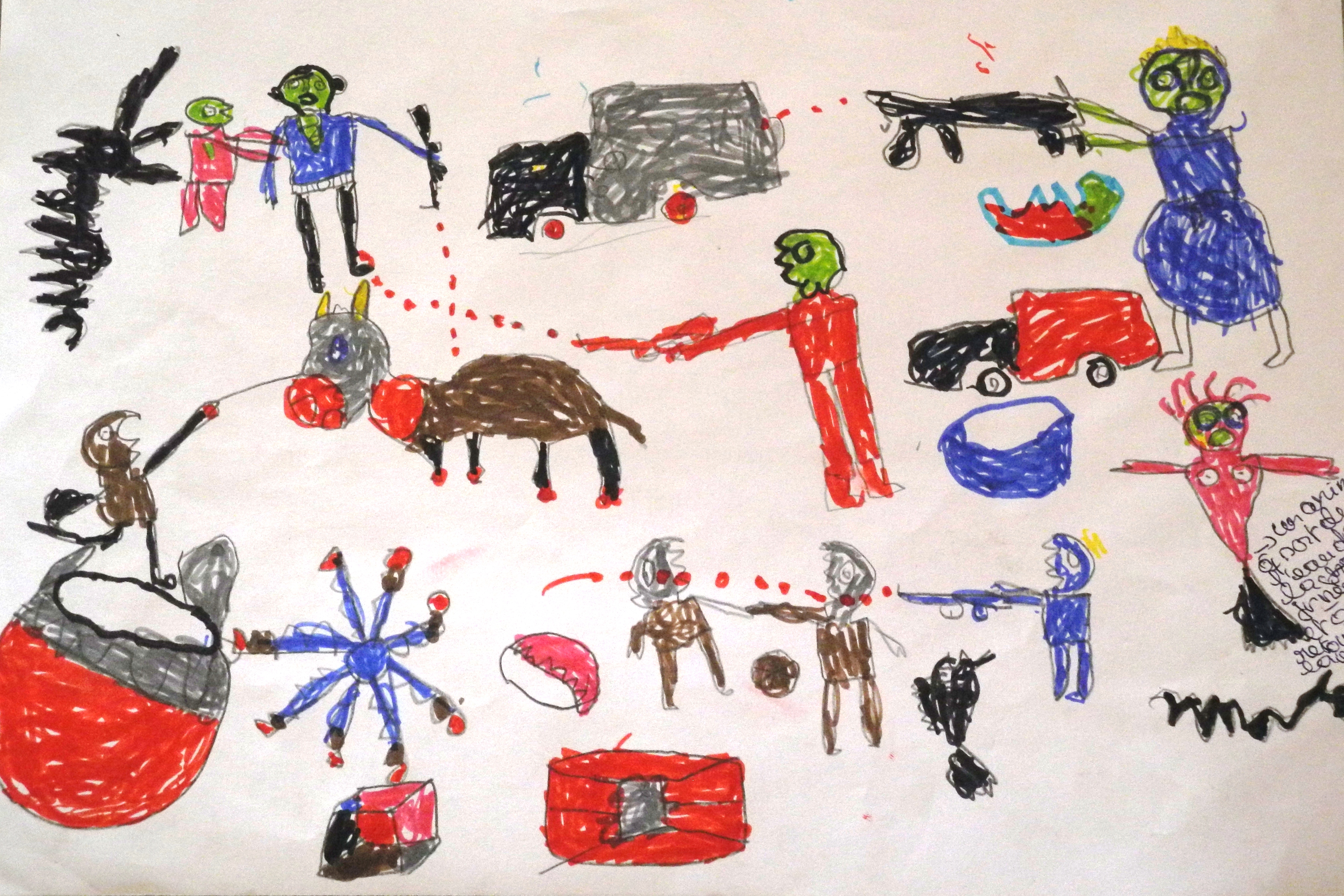 Tekening gemaakt door een 12-jarige die de aanvallen van Boko Hara ontvluchtte, tijdens een atelier georganiseerd door AZG. © AZG