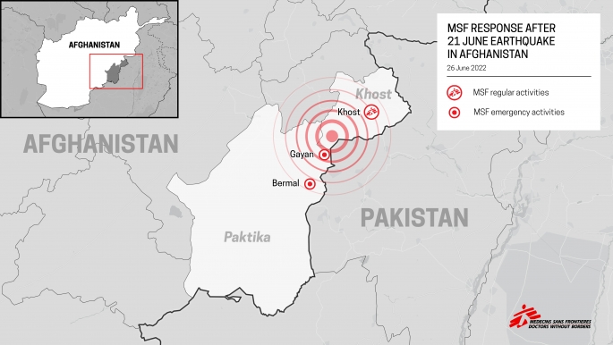 Kaart van de aardbeving in Afghanistan.