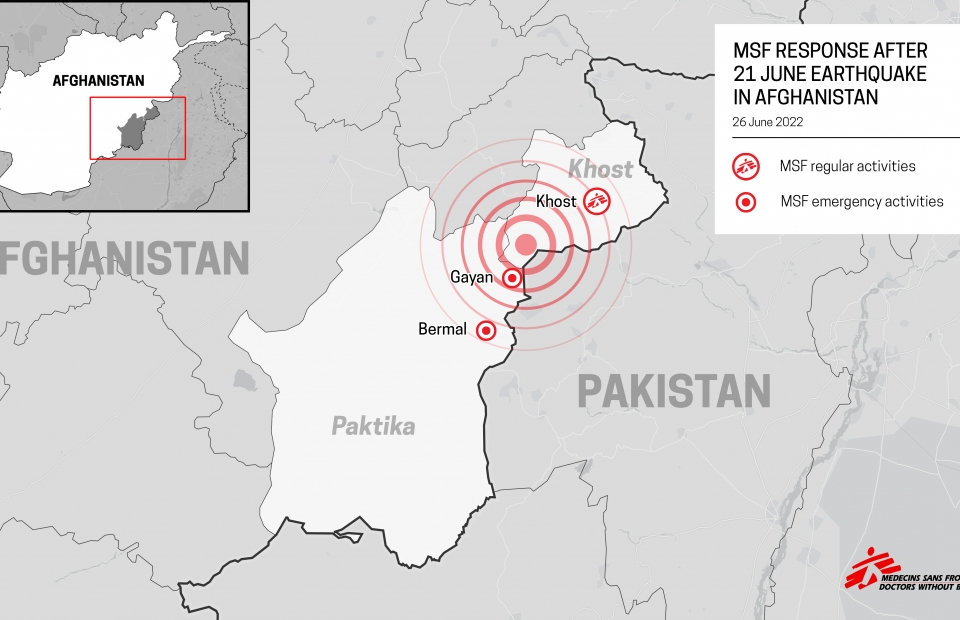 Kaart van de aardbeving in Afghanistan.