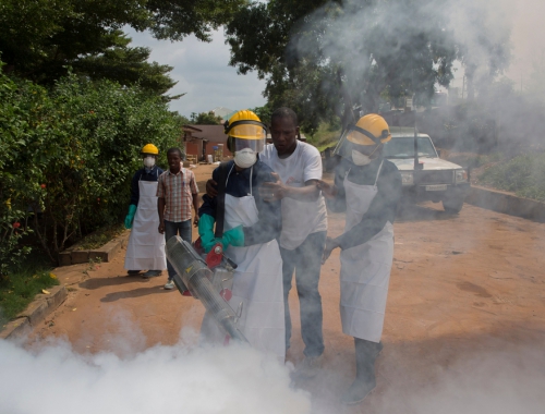 Teams van Artsen Zonder Grenzen spuiten wolken insecticide om de muggen te doden © AZG © MSF